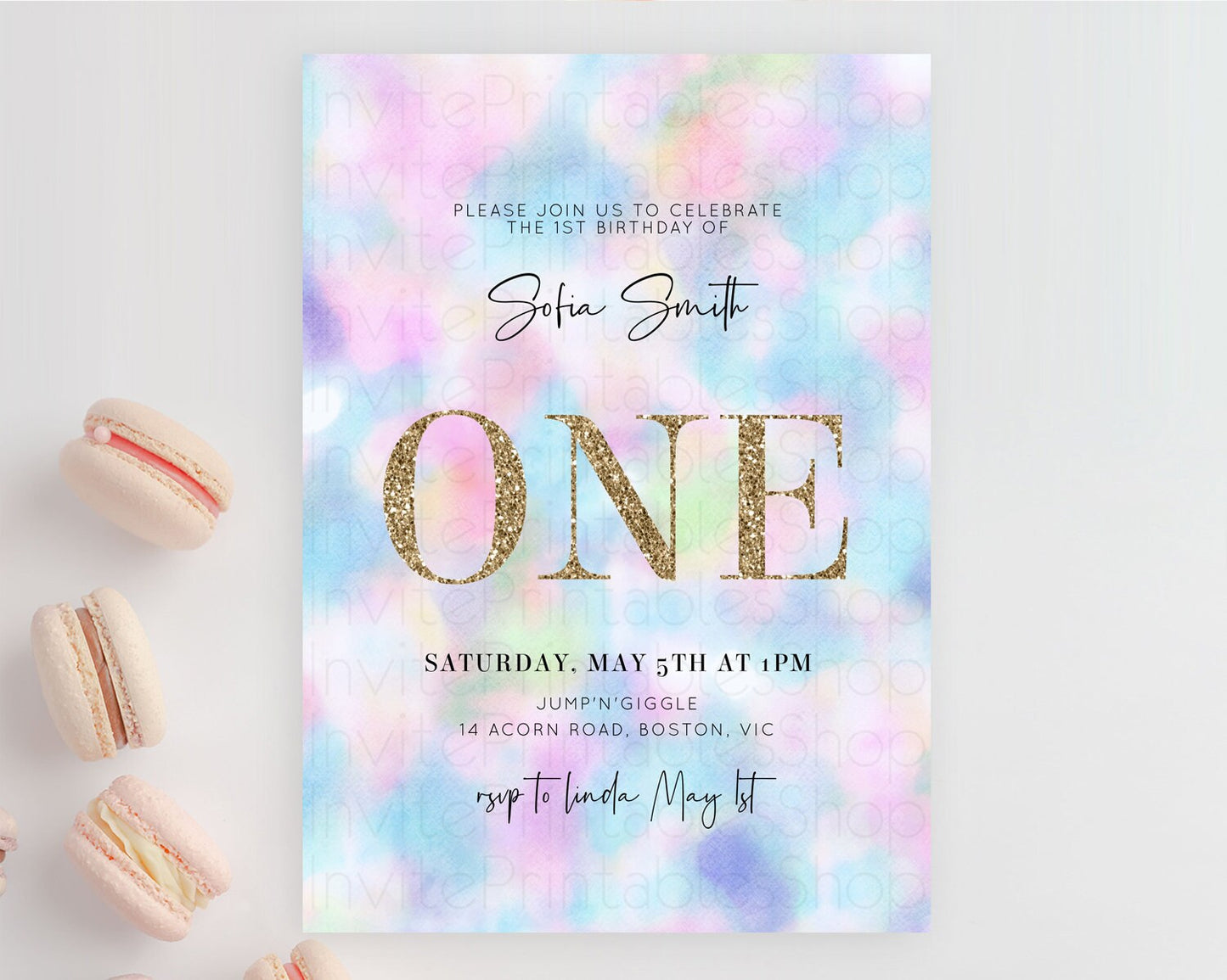 Rainbow Birthday Invitation Colorful Pastel Watercolor Invitation Gold Glitter Sprinkles Ombre Pastel 1st 2nd 3rd Birthday D10694