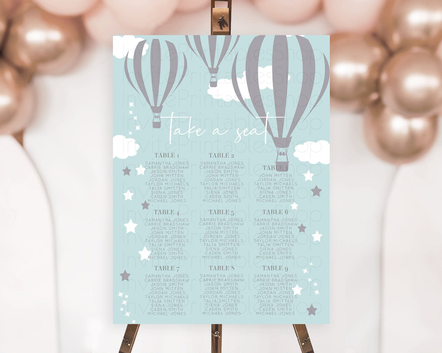 Hot Air Balloon Seating Chart Hot Air Balloon Seating Chart Adventure Awaits Up & Away Glitter Blue Watercolor Seating Take a Seat D10324