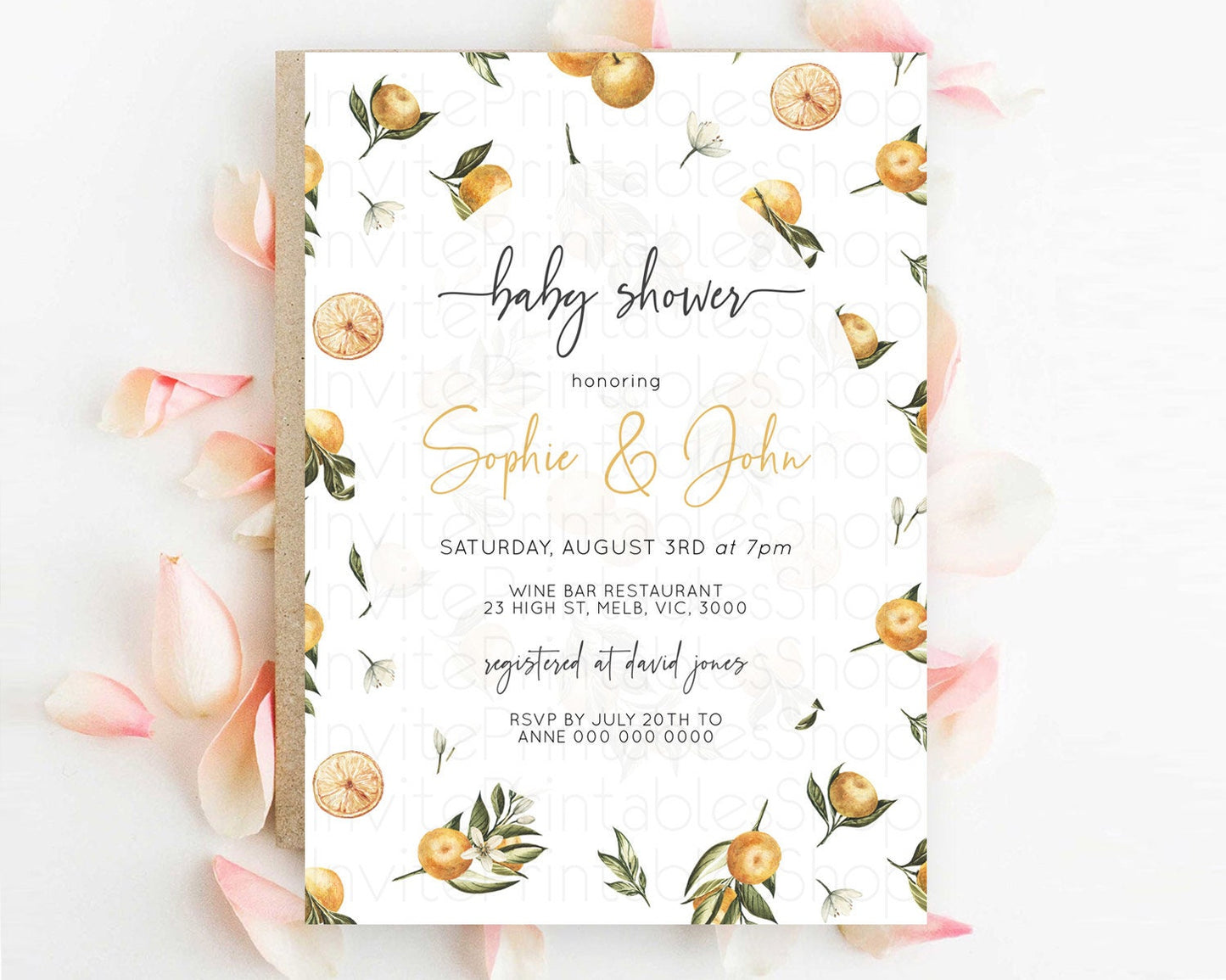 Citrus Baby Shower Invitation Orange Lemon Invitation Citrus Floral Garden Theme Citrus Floral Watercolor Invitation D10545