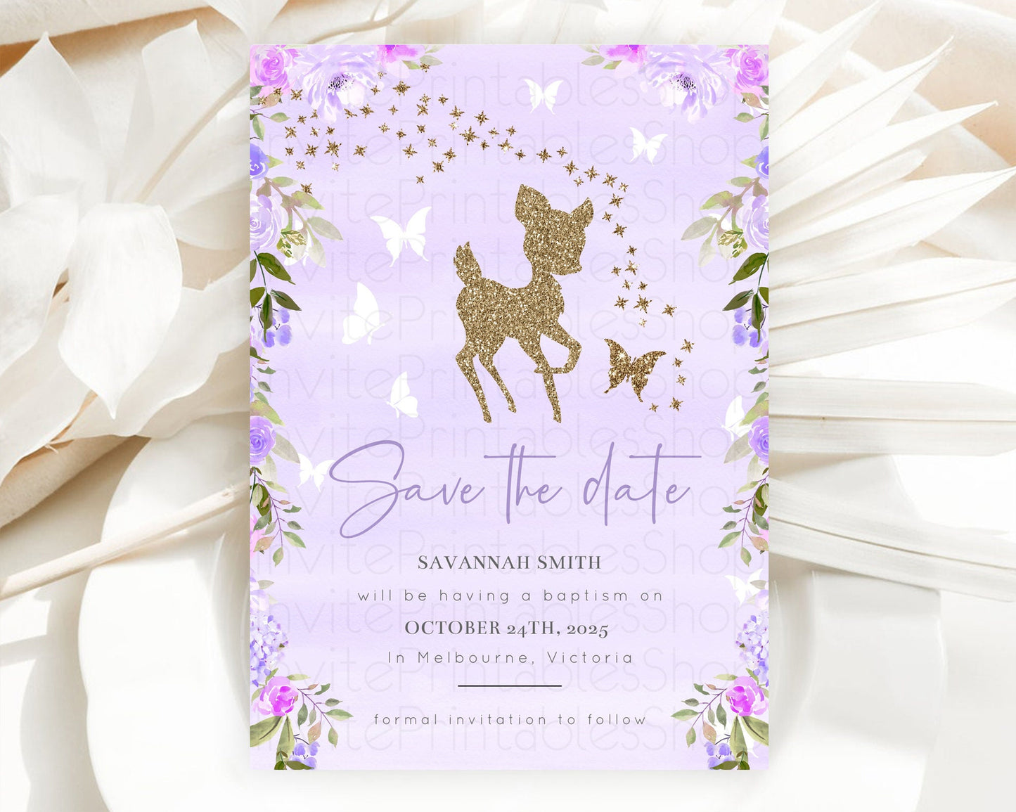 Fawn Deer Save The Date Template Pastel Floral Deer Enchanted Forest Butterfly Party 1st Birthday Baptism Baby Shower Bridal Shower D10963