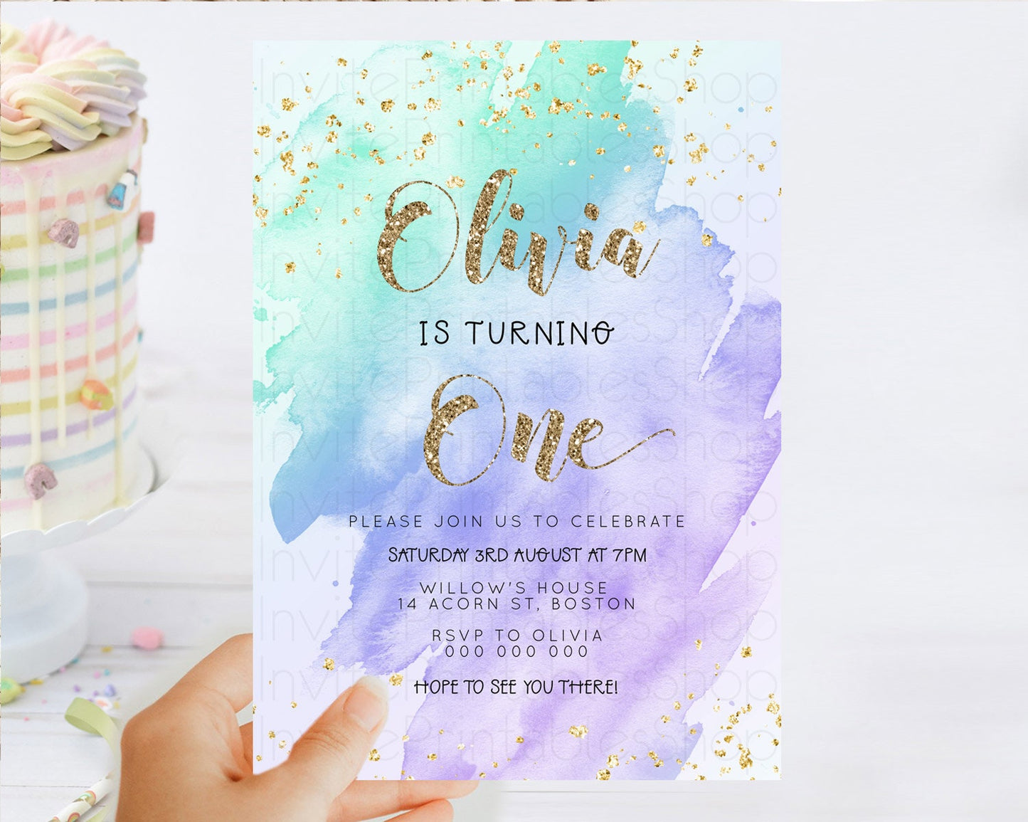 Rainbow Birthday Invitation Colorful Pastel Watercolor Invitation Gold Glitter Sprinkles Ombre Pastel 1st 2nd 3rd Birthday D23288