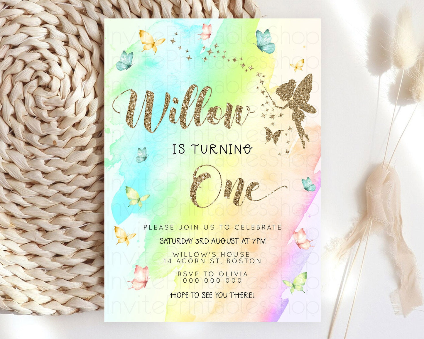 Pastel Fairy Birthday Invitation Pastel Butterflies Fairy Birthday Invitation Rainbow Ombre Watercolor 1st 2nd Birthday Invitation D23329