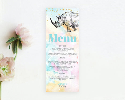 Editable Pastel Rhino Menu Rainbow Rhino Menu Template Colorful Rainbow Safa