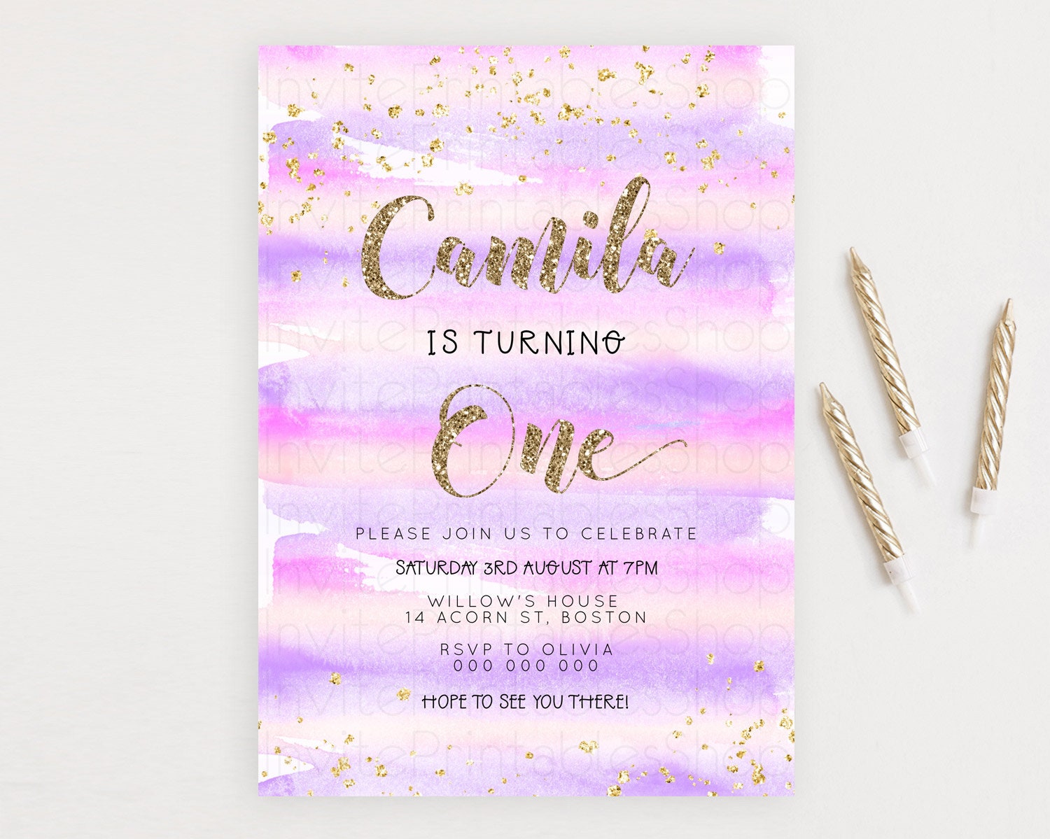 Editable Pink Birthday Invitation pink Watercolor Invitation Pastel pink Wat