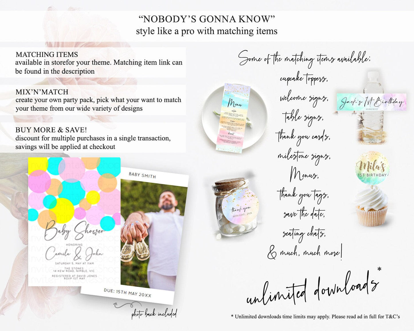 Pastel Rainbow Baby Shower Invitation, Colorful Confetti, Sprinkles, Bubbles, Vibrant Blue, Pink, Yellow Confetti Theme Gender Reveal D10896