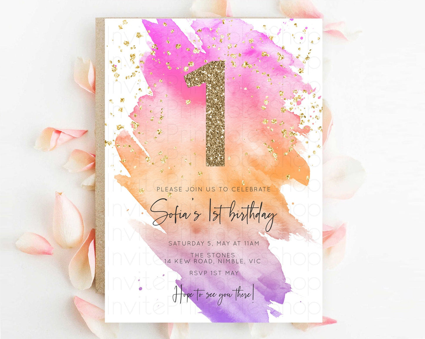 Rainbow Birthday Invitation Colorful Pastel Watercolor Invitation Gold Glitter Sprinkles Ombre Pastel 1st 2nd 3rd Birthday D10488