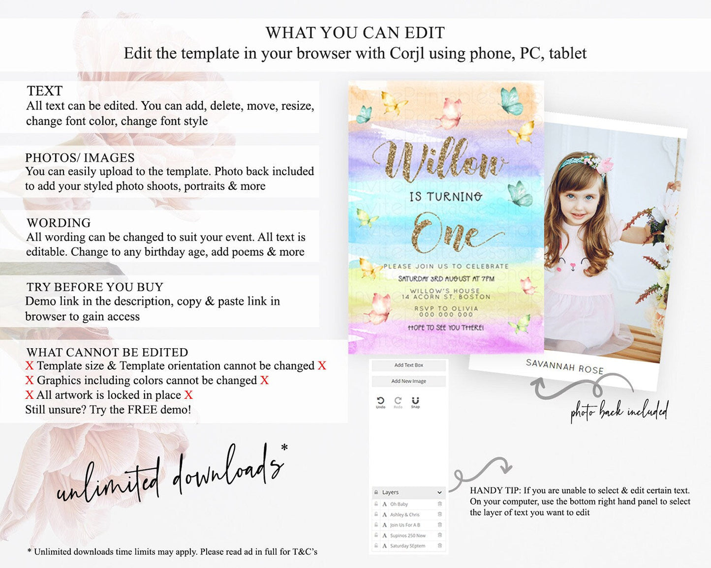 Pastel Butterfly Birthday Invitation Butterfly Birthday Invitation Colorful Splash Glitter Butterfly Garden 1st 2nd Birthday D23224