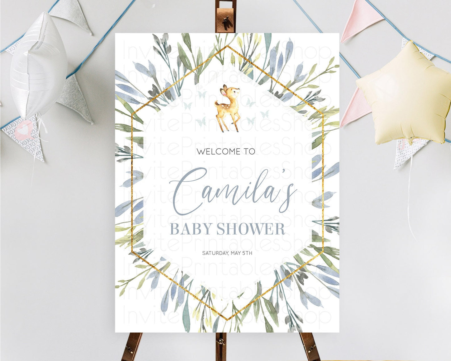 Fawn Baby Shower Welcome Sign Deer Welcome Board Floral Deer Welcome Poster Enchanted Forest Butterfly Pastel Floral Welcome Sign D10400