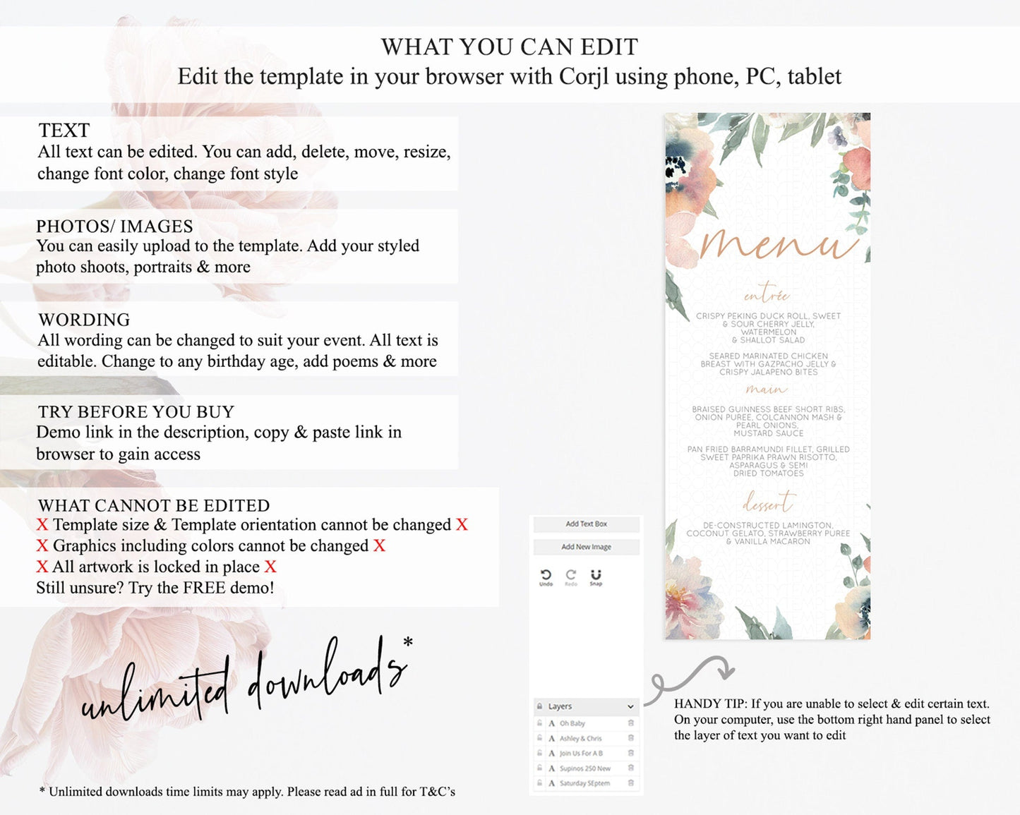 Secret Garden Menu Wildflower Menu Template Pastel Flower Garden Table Decor Boho Floral Dinner Dessert Floral Party Food Menu D10787