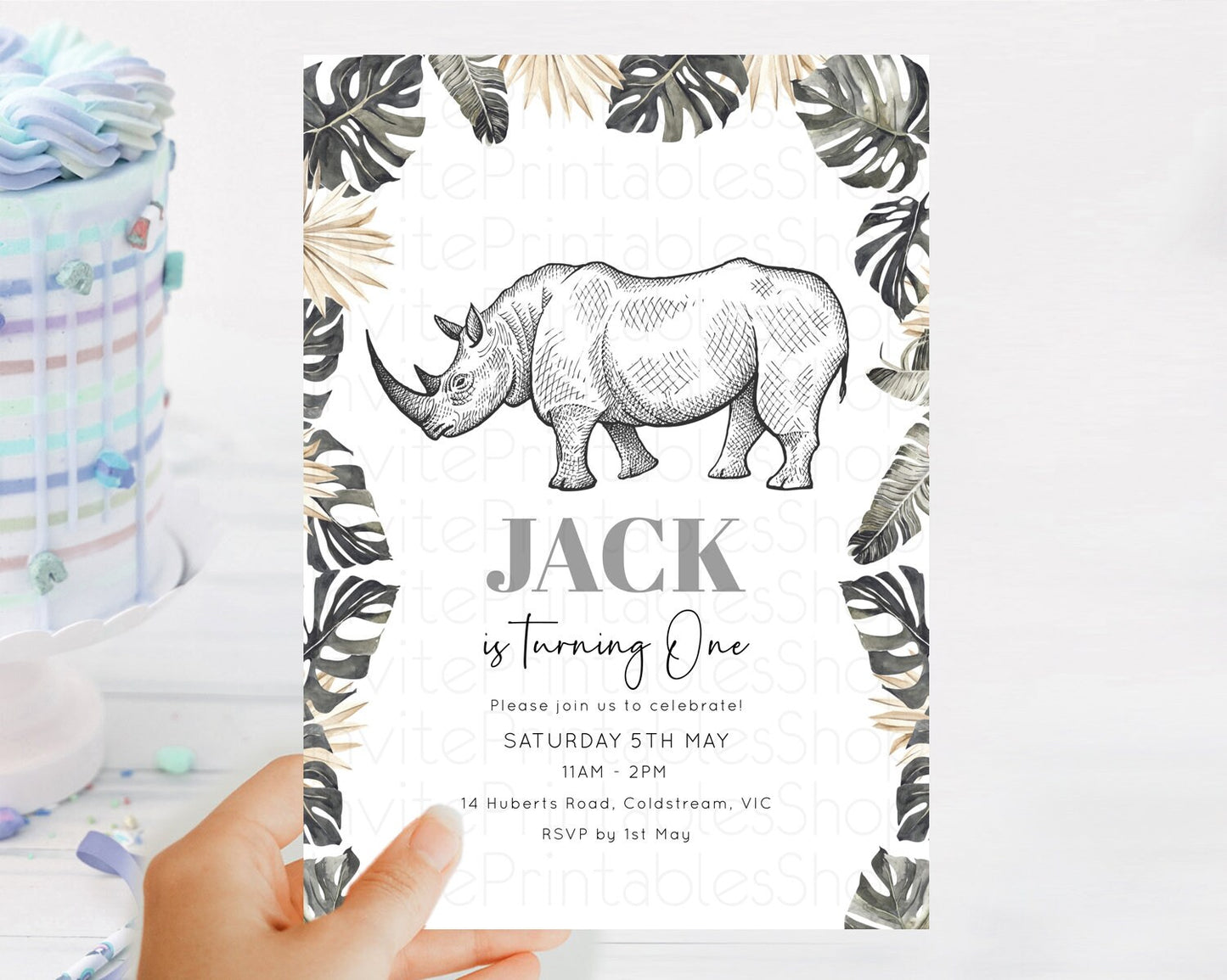 Rhino Birthday Invitation Rhino Invitation Rhino Birthday Rhino Safari Adventure Invite Rhino Palm Leaf Invite Zoo Party D10826