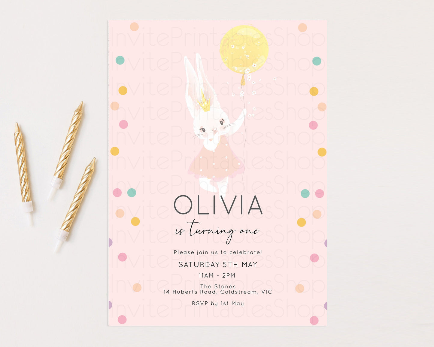 Bunny Birthday Invite Balloon Birthday Invitation Cute Bunny Rabbit Rainbow Sprinkles Confetti Pastel Confetti Pink Yellow 1st 2nd 3rd 141