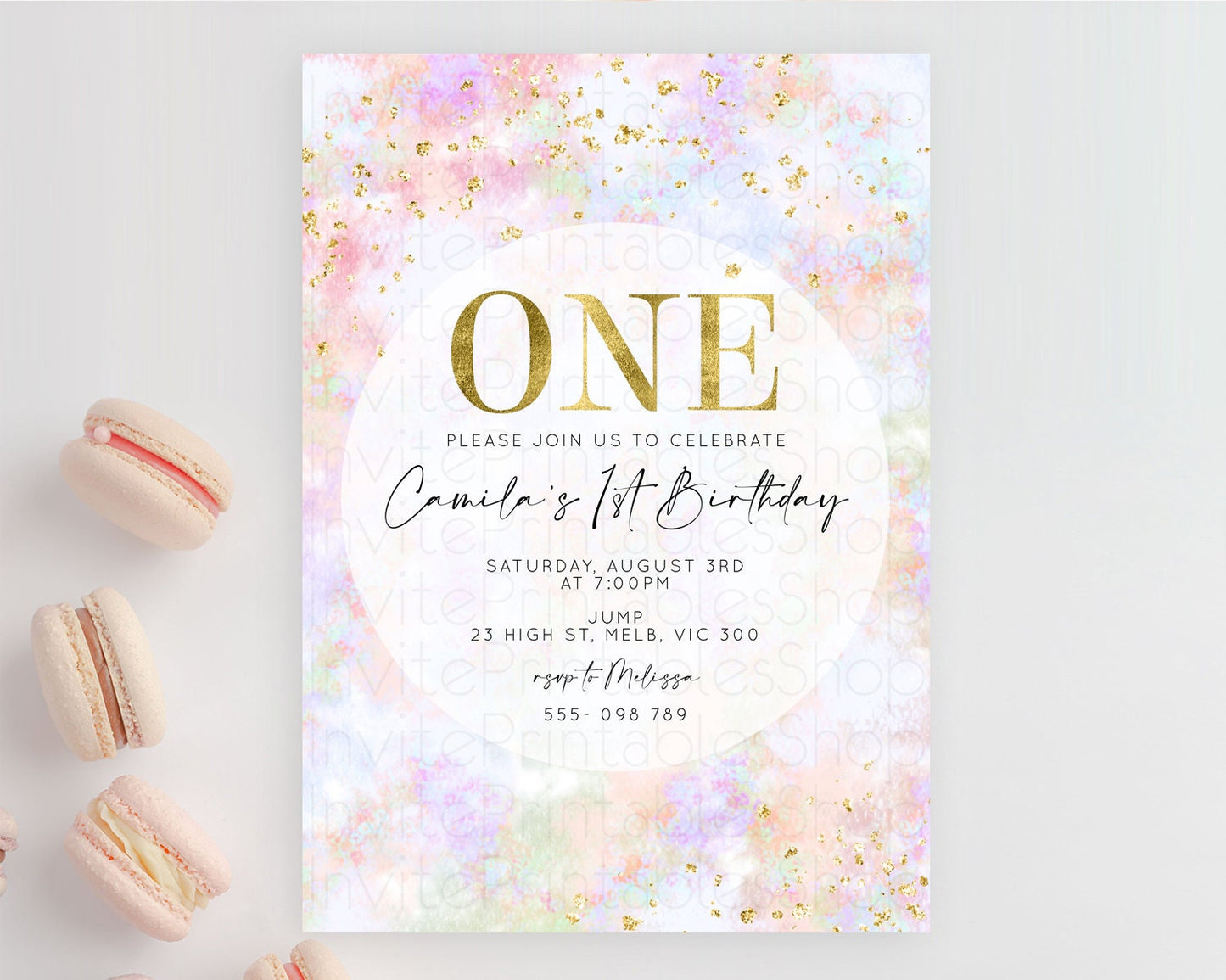 Rainbow Birthday Invitation Colorful Pastel Watercolor Invitation Gold Glitter Sprinkles Ombre Pastel 1st 2nd 3rd Birthday D10649