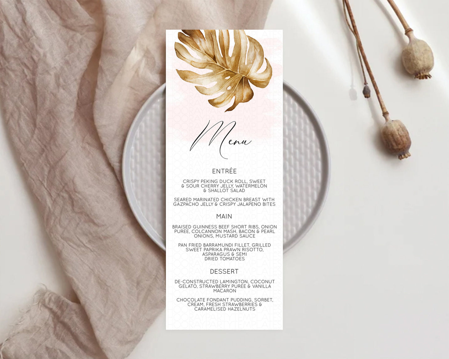 Tropical Menu Template Tropical Menu Palm Leaf Fern Table Decor Frangipani Floral White Orchid Dinner Dessert Menu Party Food Menu D11042