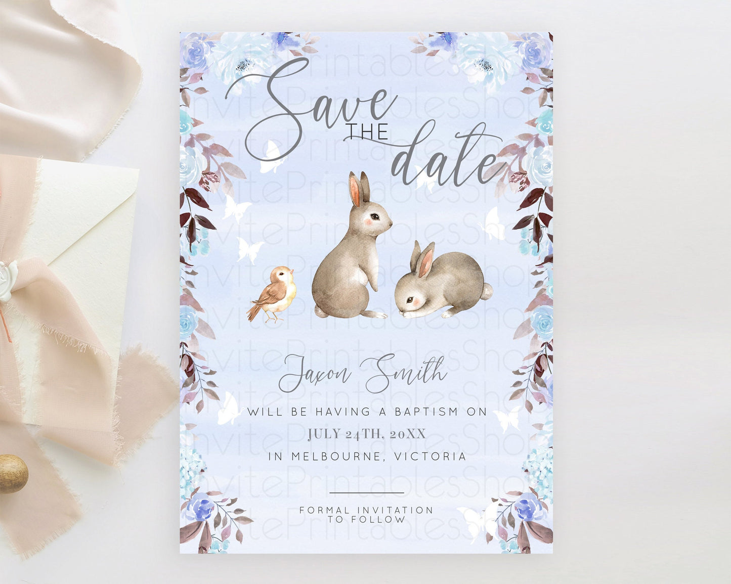 Floral Bunny Save The Date Template Pastel Flowers Forest Bunny Secret Garden Some Bunny Party 1st Birthday Baby Shower Baptism D10923