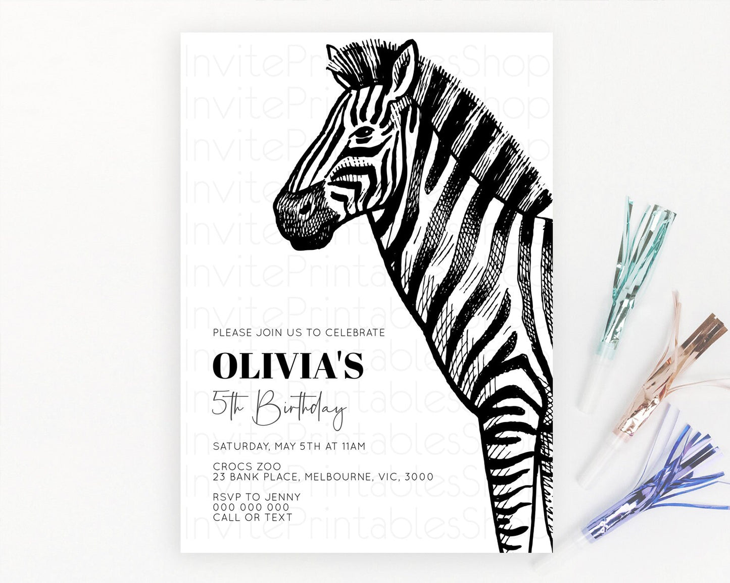 Zebra Birthday Invitation Zebra Invite Jungle Safari invite Watercolor Tropical Palm Invite Adventure Zoo Party Wild Animal Party D10249