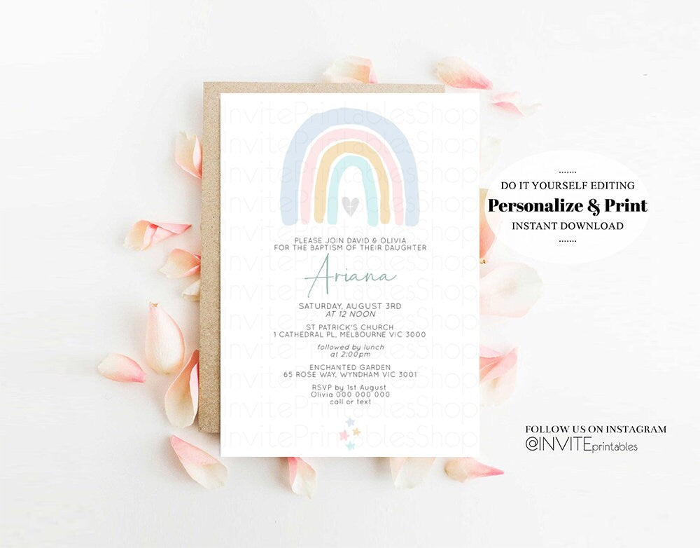 Rainbow Baptism Invitation Pastel Watercolor Christening Invitation Stars Colorful Splash Gold Foil Pastel Color Communion Orthodox Cross