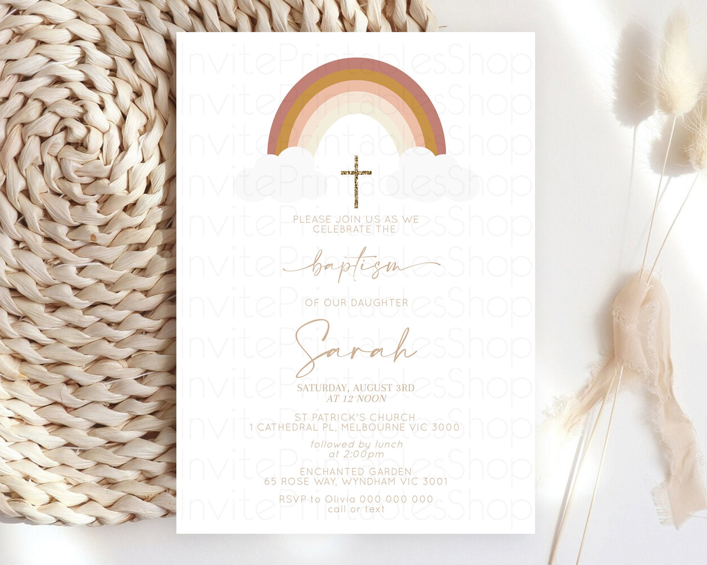 Pastel Baptism Invitation Rainbow Christening Invitation Holy Communion Invite Baptism 1st Birthday Sprinkles Ombre Watercolor Splash