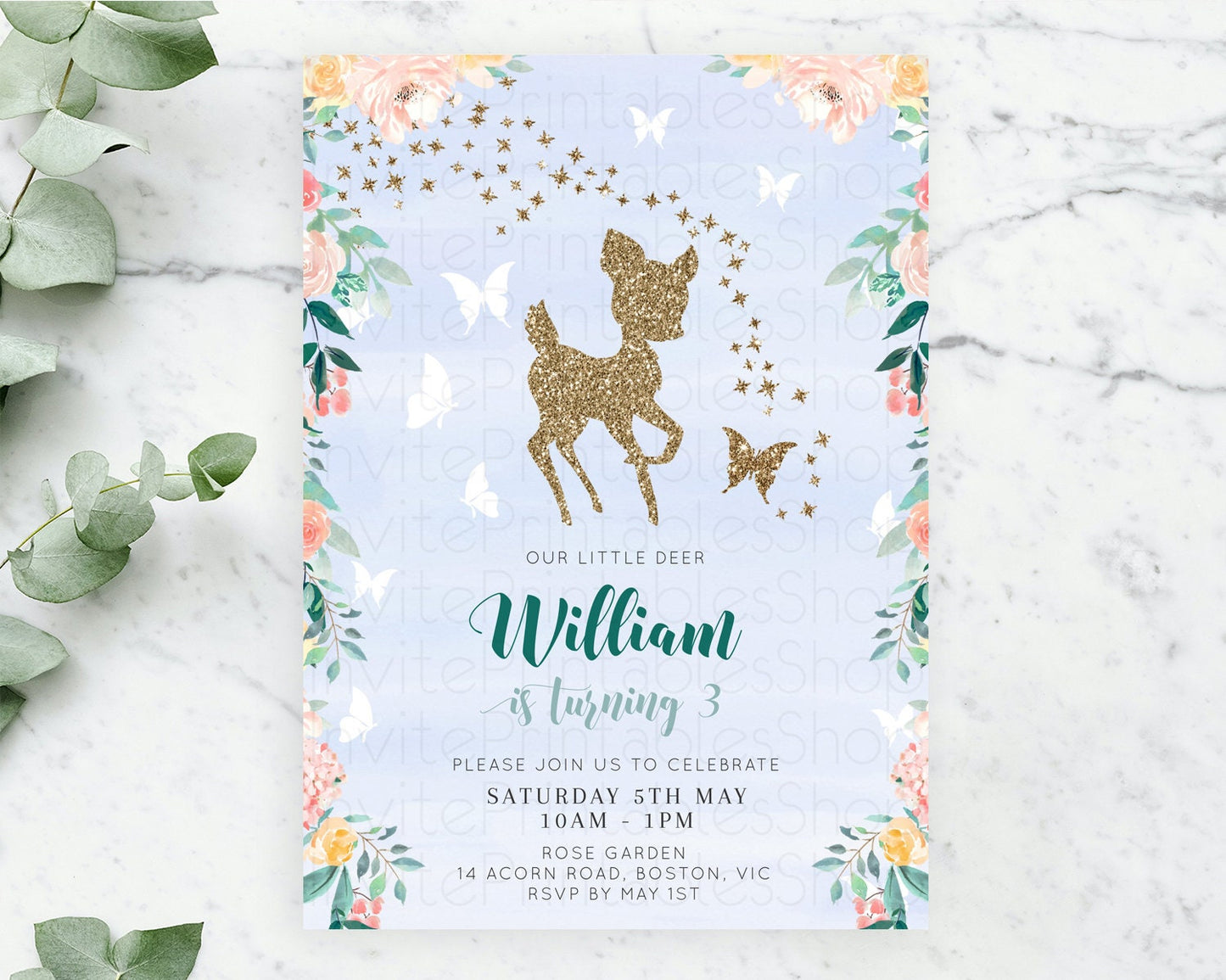 Fawn Birthday Invitation Deer Birthday Invitation Enchanted Forest Party Butterfly Pastel Flowers Whimsical 2nd 1st First Birthday D10875