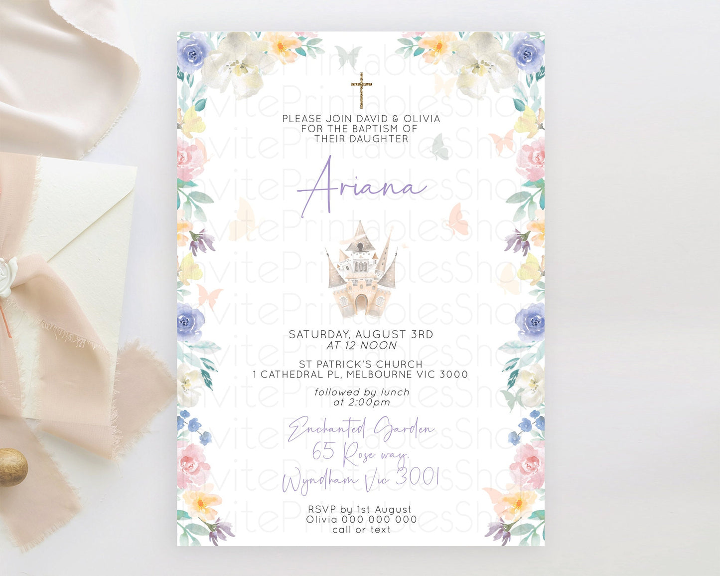 Princess Baptism Invitation Enchanted Castle Baptism 1st Birthday Invitation Royal Party Pastel Floral Secret Garden Christening D10709