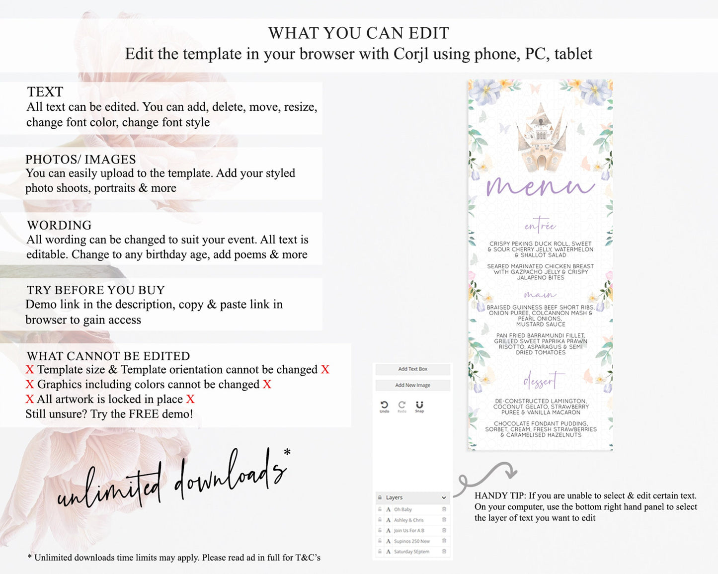 Princess Menu Castle Menu Template Secret Garden Table Decor Enchanted Castle Pastel Floral Dinner Dessert Menu Princess Food Menu D10473