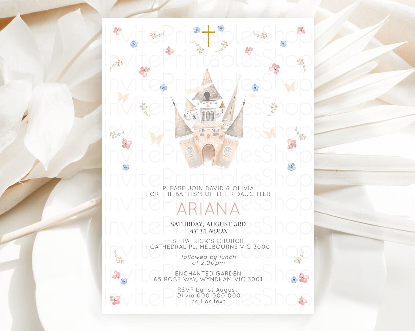 Princess Baptism Invitation Enchanted Castle Baptism 1st Birthday Invitation Royal Party Pastel Floral Secret Garden Christening D10364