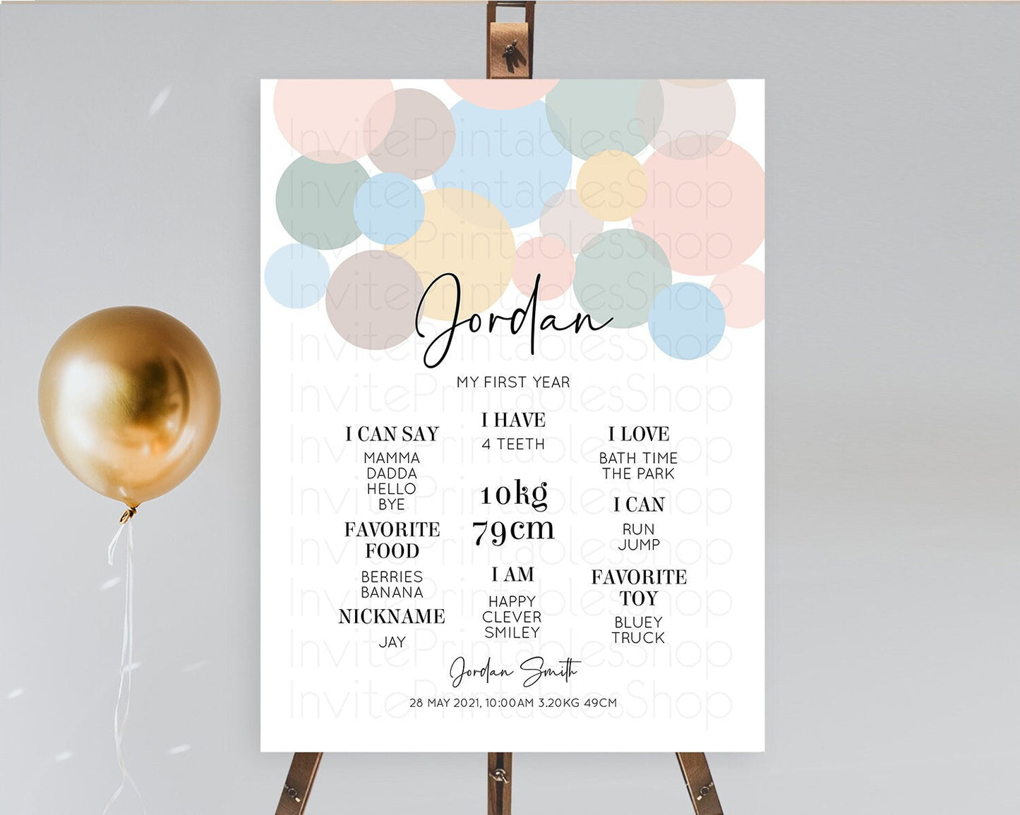 Pastel First Birthday Milestone Poster Pastel Rainbow Confetti First Birthday Milestone Board Colorful Bubbles Birthday Welcome Sign D10602