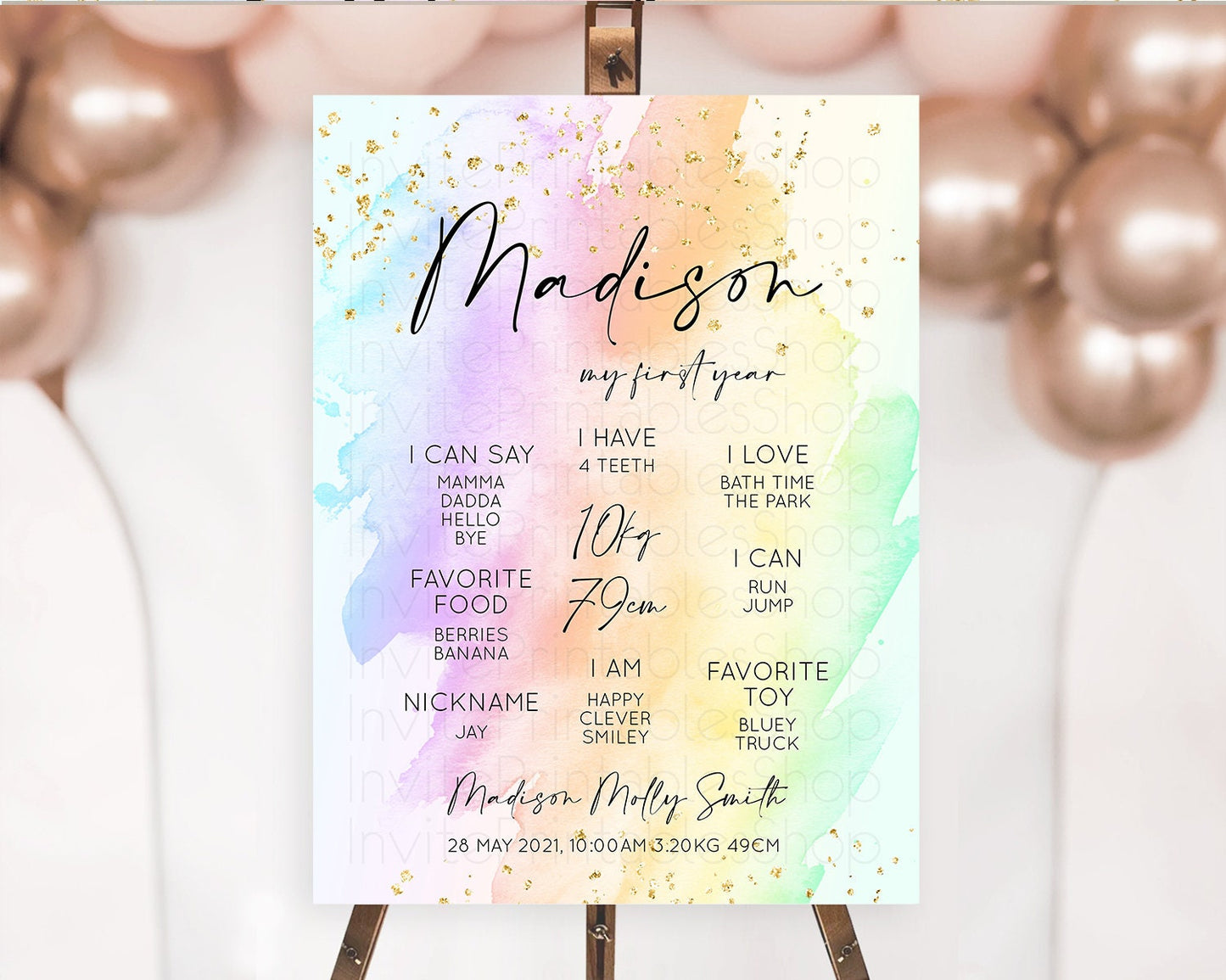 Pastel First Birthday Milestone Board Pastel Rainbow Milestone Poster Colorful Confetti Watercolor Glitter 1st Birthday Welcome Sign D10645