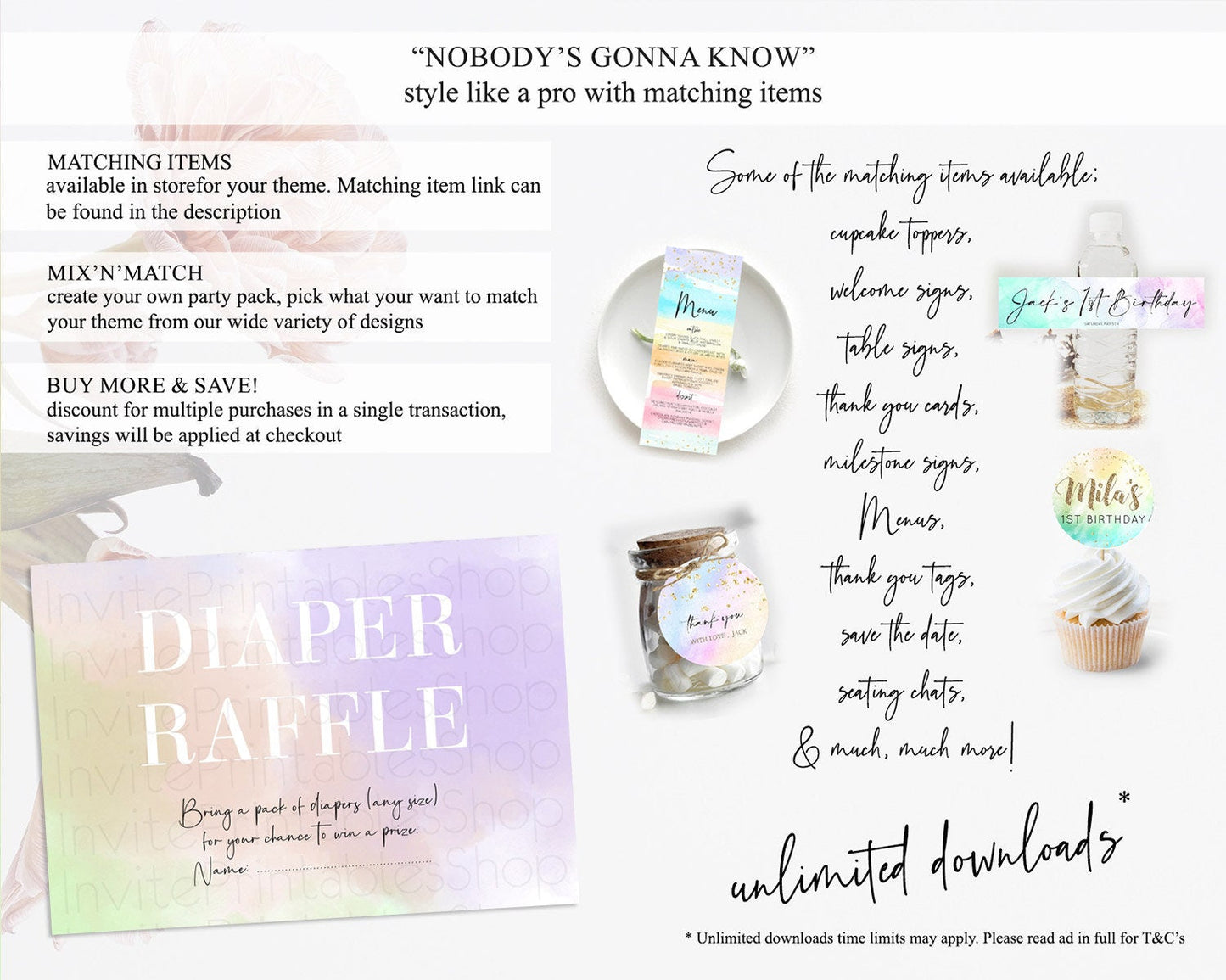Pastel Diaper Raffle Card Pastel Rainbow Diaper Raffle Insert Colorful Ombre Watercolor Diaper Ticket Confetti Glitter Raffle Game D10371