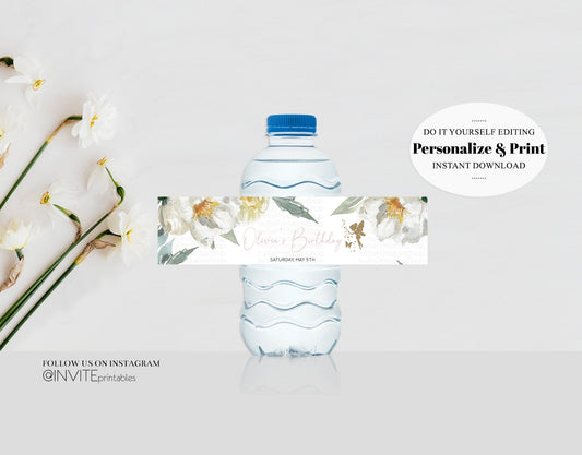 Editable Fairy Water Bottle Label White Floral Garden Drink Label Fairy Whim