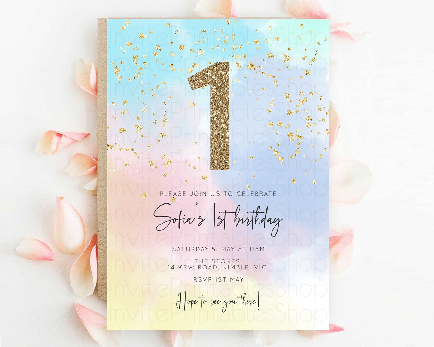 Rainbow Birthday Invitation Colorful Pastel Watercolor Invitation Gold Glitter Sprinkles Ombre Pastel 1st 2nd 3rd Birthday D10368