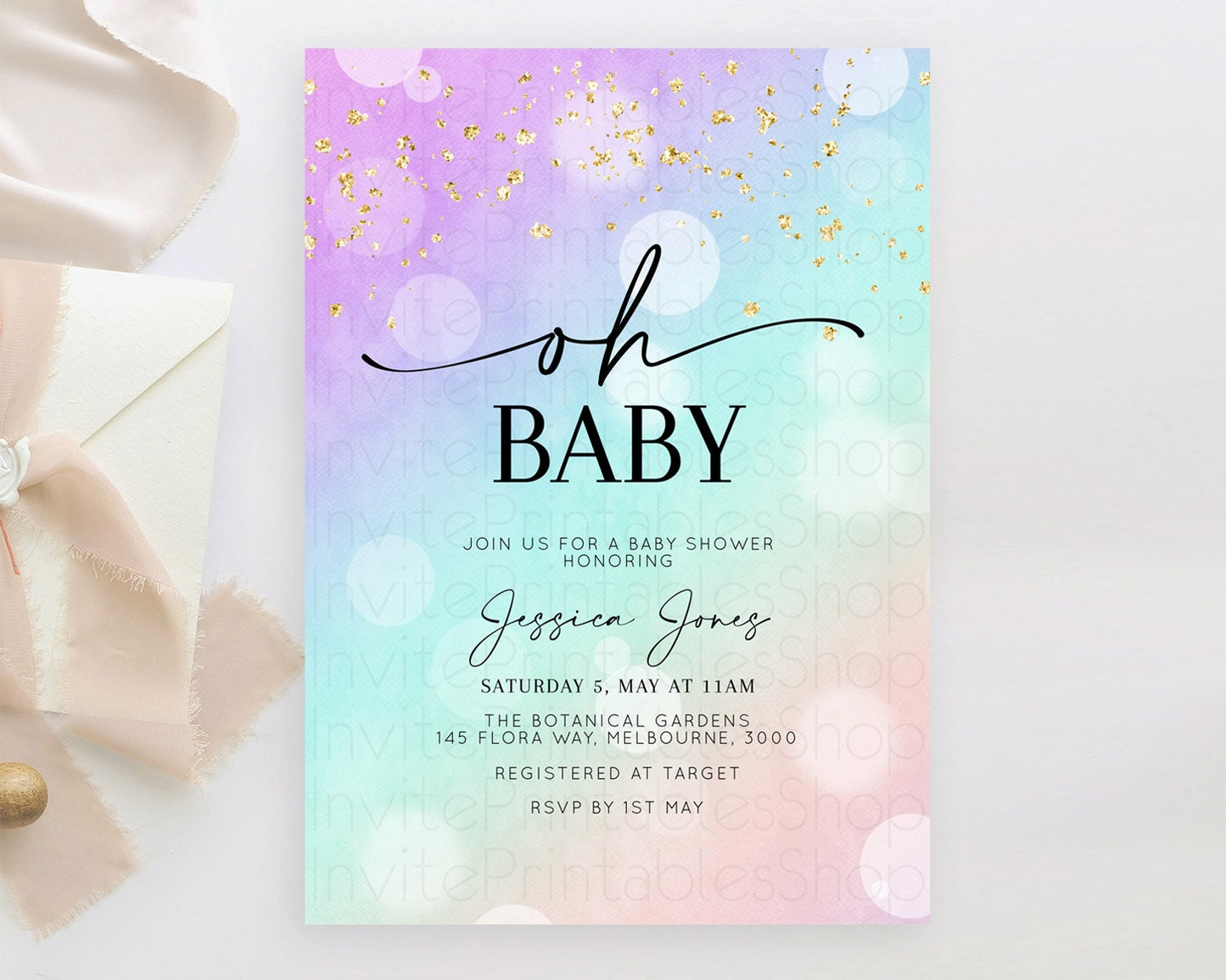 Pastel Baby Shower Invitation Rainbow Baby Shower Invitation Colorful Pastel Watercolor Invitation Gold Glitter Sprinkles Ombre D10618