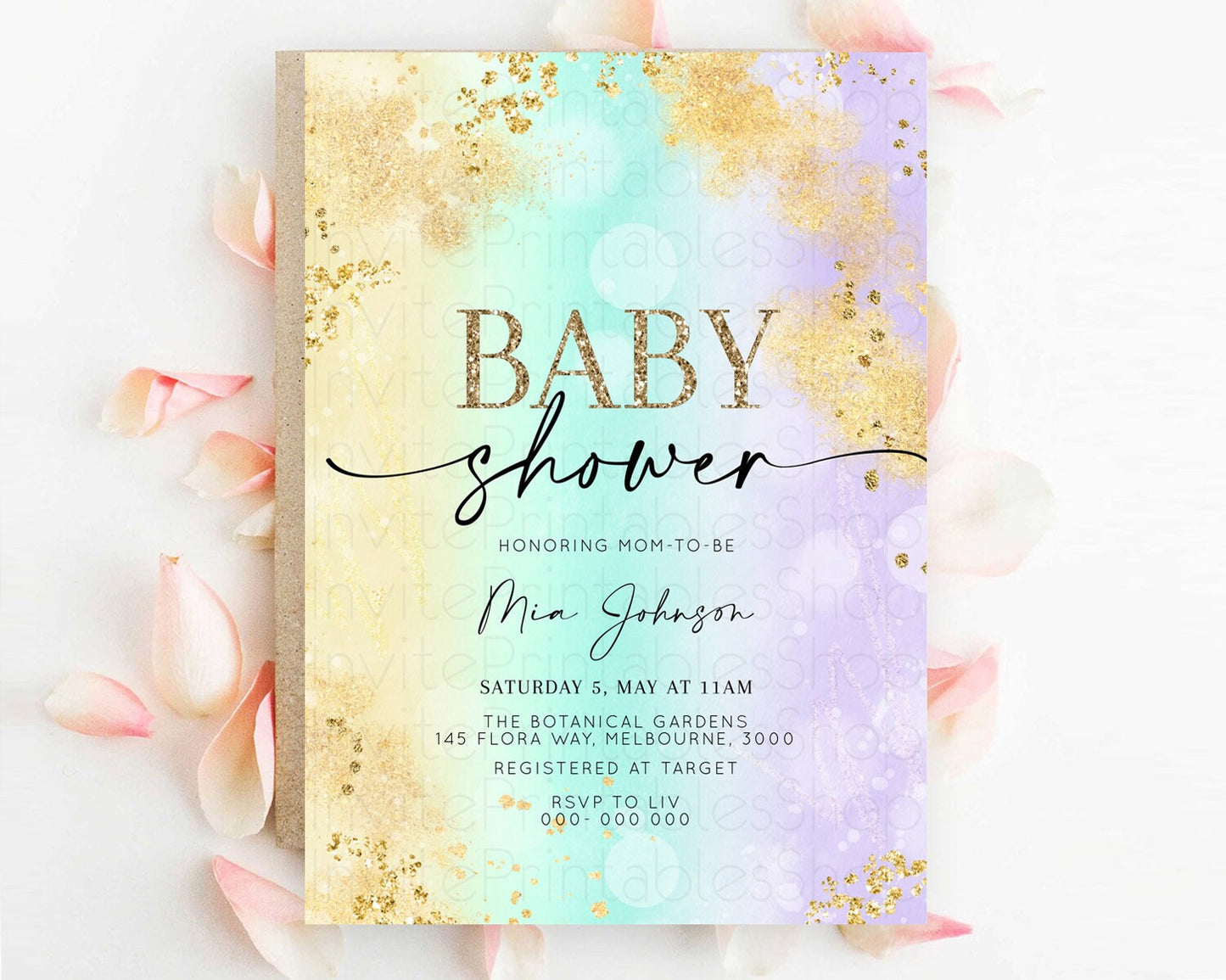 Pastel Baby Shower Invitation Rainbow Baby Shower Invitation Colorful Pastel Watercolor Invitation Gold Glitter Sprinkles Ombre D10672