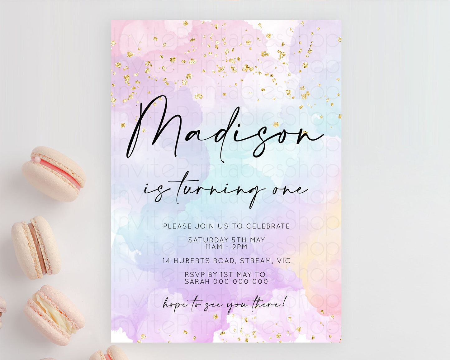 Rainbow Birthday Invitation Colorful Pastel Watercolor Invitation Gold Glitter Sprinkles Ombre Pastel 1st 2nd 3rd Birthday D10623