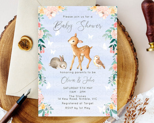 Deer Baby Shower Invitation, Whimsical Enchanted Forest Fawn and Butterflies, Soft Pastel Watercolor Blue,  Pink Green Floral Accents D10920