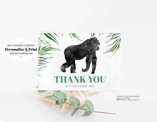 Editable Gorilla Thank You Card Watercolor Gorilla Tropical Jungle Safari Ad