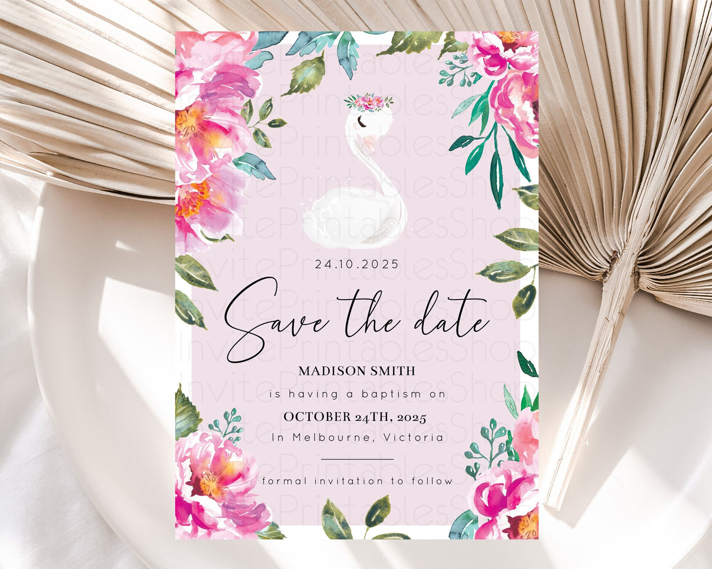 Swan Save The Date Template Swan Princess Ballet Party Enchanted Swan Lake Secret Garden Pastel Floral Birthday Baptism Baby Shower  D10757