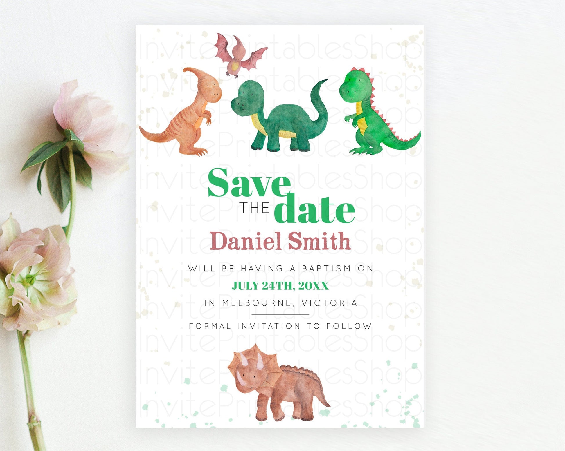 Editable Dinosaur Save The Date Template Dinosaur Volcano Watercolor Volcano