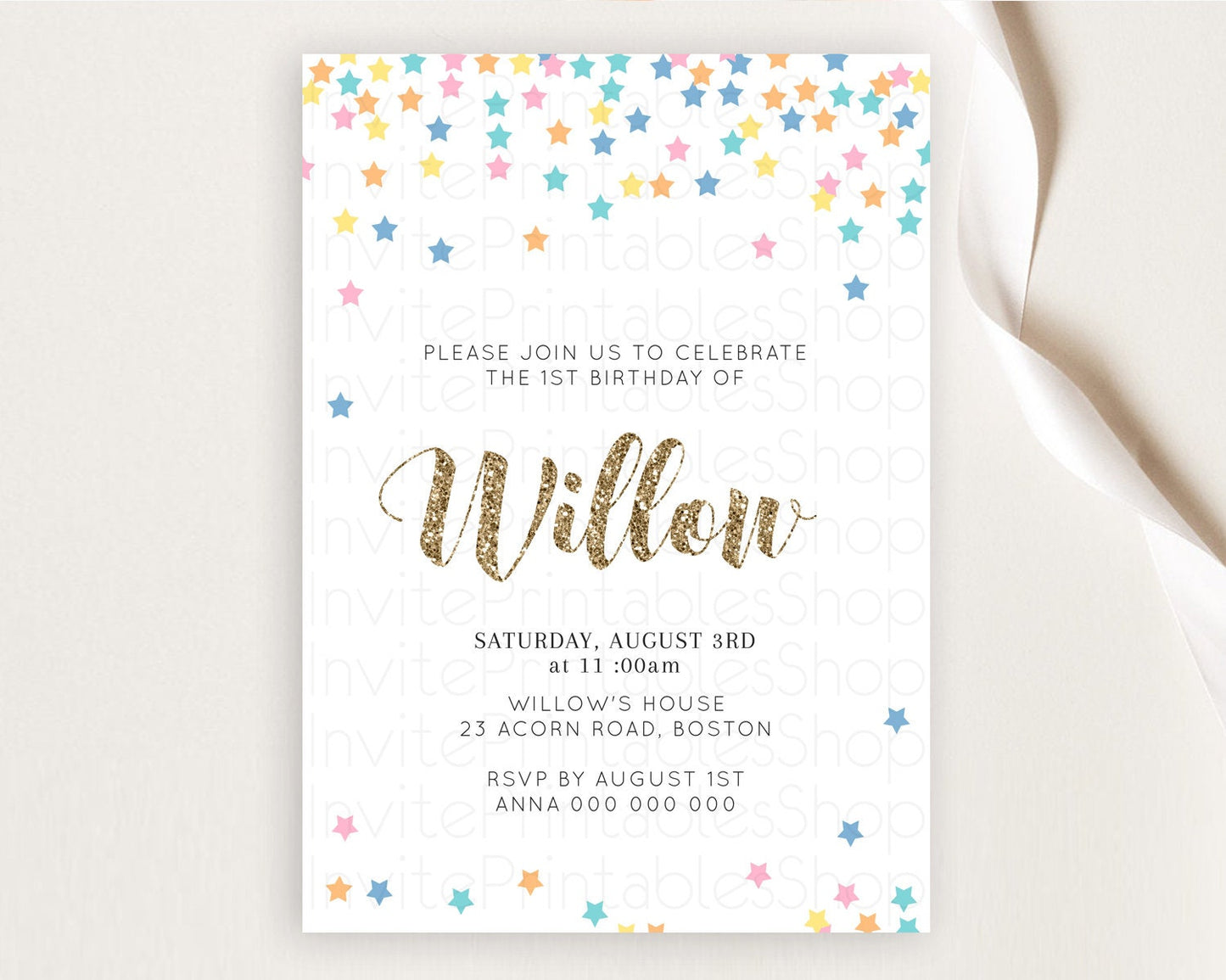 Star Birthday Invitation Pastel Stars Invite Shooting Star Party Rainbow Colorful Confetti Twinkle Little Star 2nd First Birthday D10298