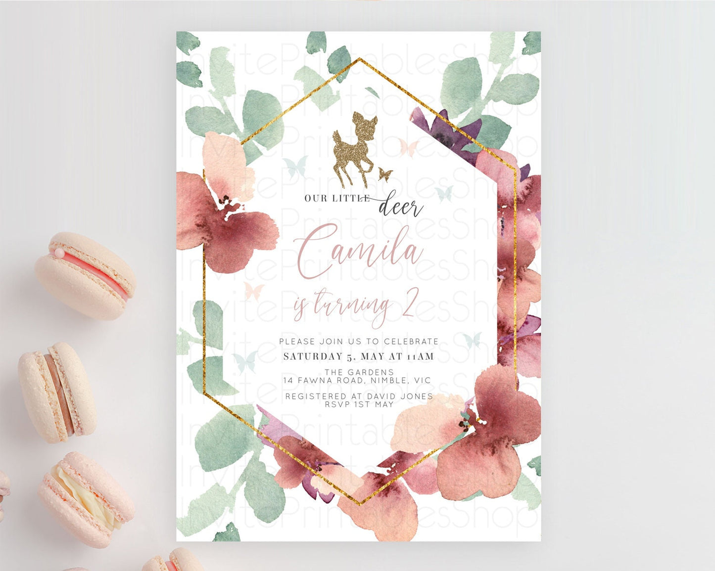 Fawn Birthday Invitation Deer Birthday Invitation Enchanted Forest Party Butterfly Pastel Flowers Whimsical 2nd 1st First Birthday D10459