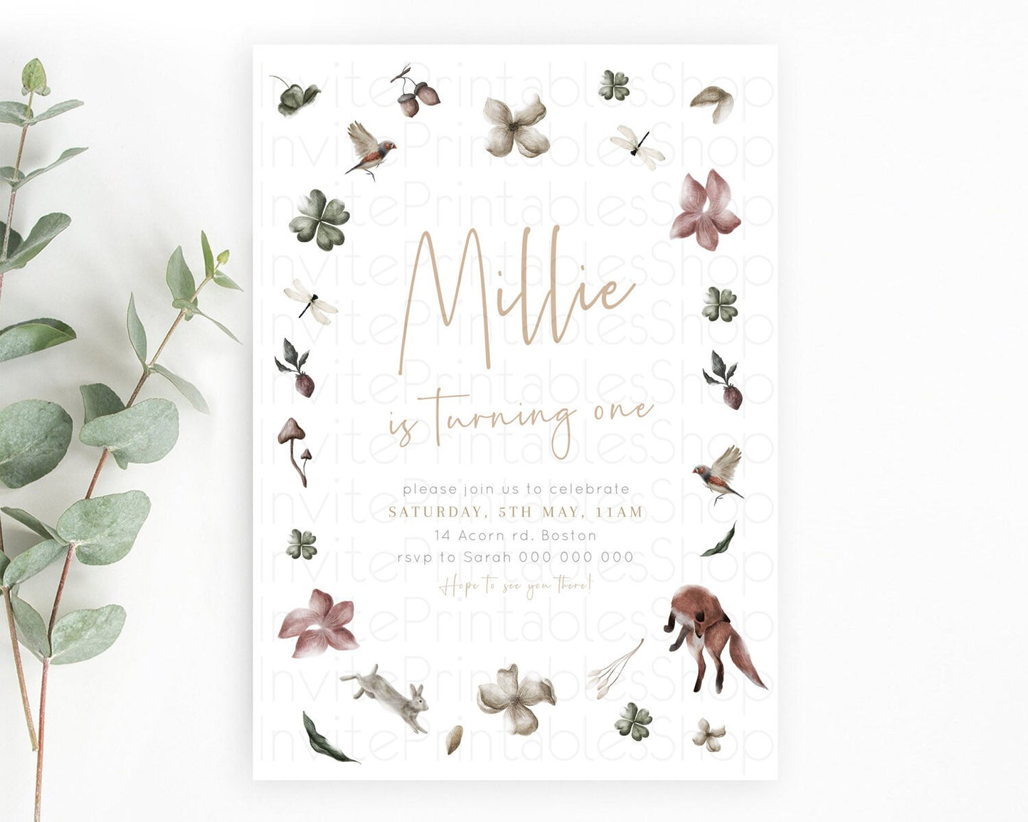 Forest Fox Birthday Invitation Butterfly Flower Fox Birthday Invitation Enchnted Floral Forest Secret Garden 1st Birthday Invitation D23365