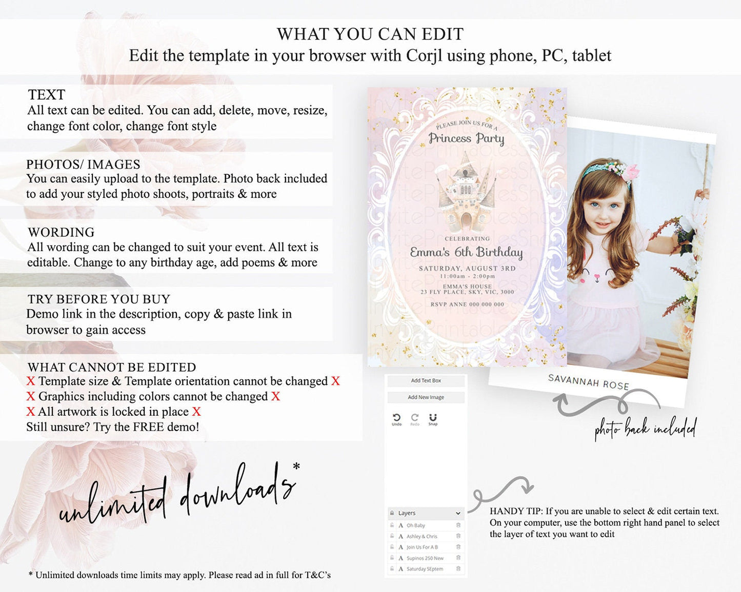 Princess Birthday Invitation Princess Invitation Pastel Invitation Royal Birthday Rainbow Color Enchanted Castle 1st First Birthday D10163