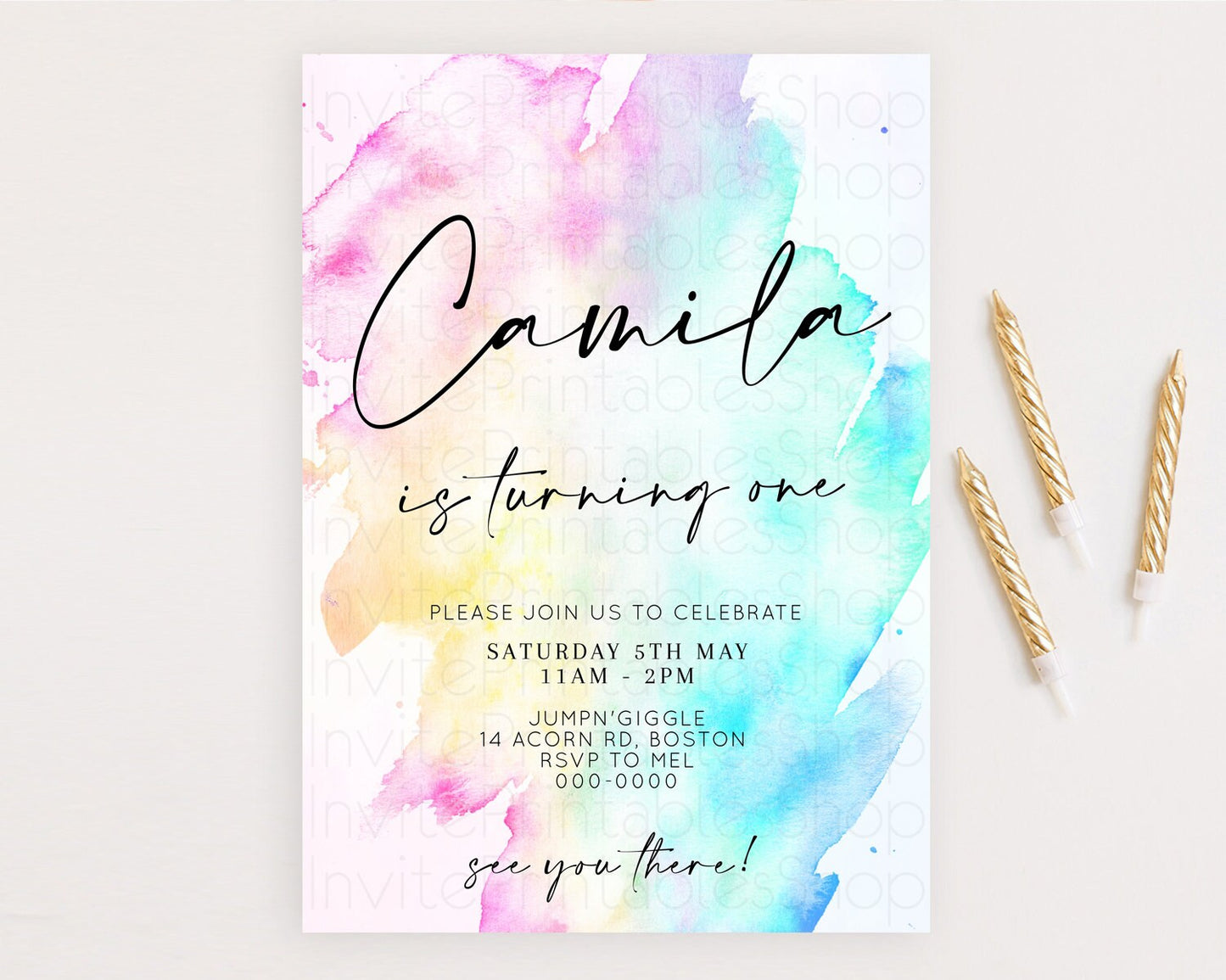Editable Rainbow Birthday Invitation Colorful Pastel Watercolor Invitation G