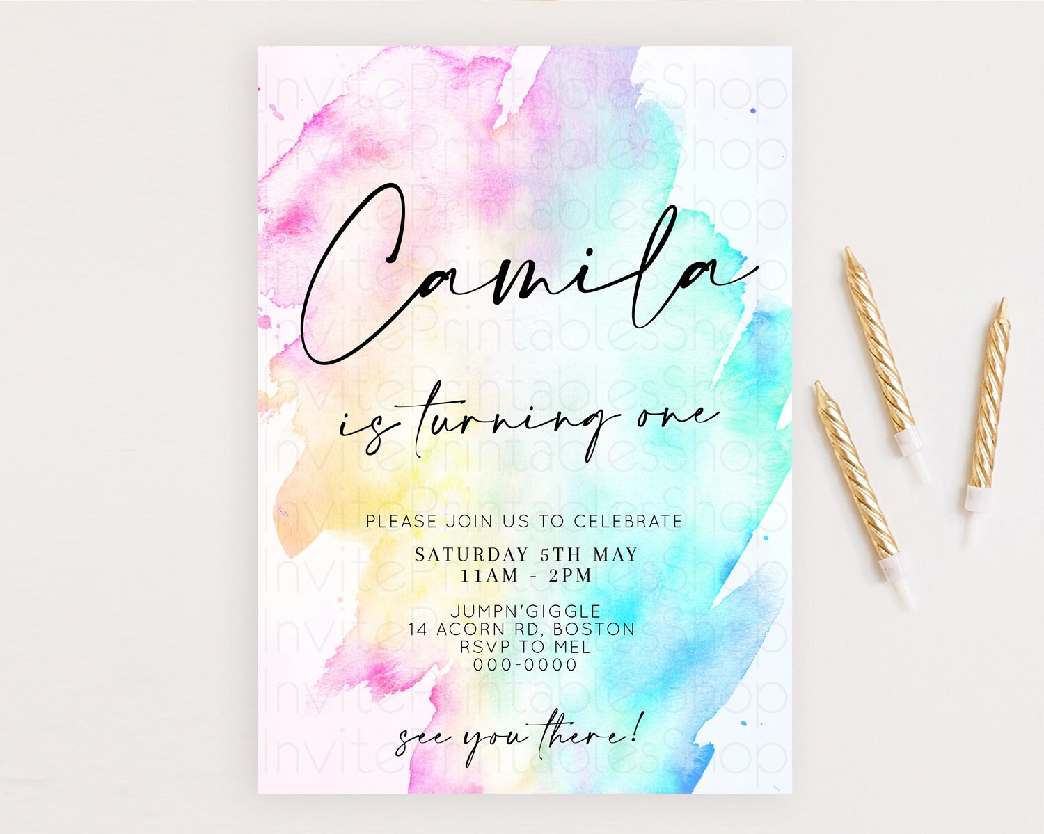 Editable Rainbow Birthday Invitation Colorful Pastel Watercolor Invitation G