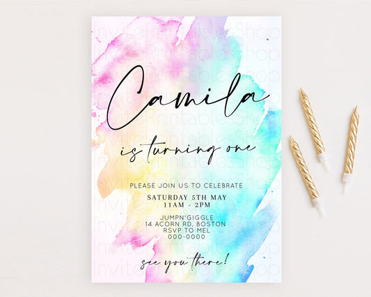 Editable Rainbow Birthday Invitation Colorful Pastel Watercolor Invitation G