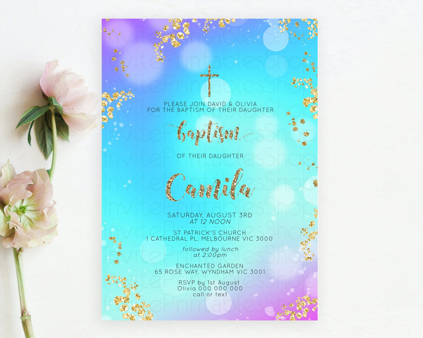 Pastel Baptism Invitation Pastel Colors Watercolor Baptism 1st Birthday Party Gold Ombre Pastel Rainbow Christening Holy Communion D10573