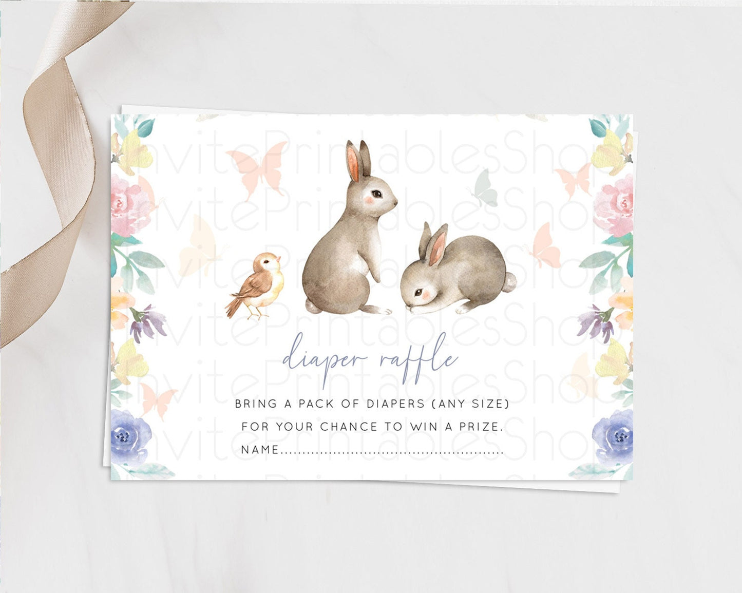 Bunny Diaper Raffle Card Floral Bunny Diaper Raffle Insert Pastel Flowers Woodland Bunny Diaper Ticket Forest Bunny Raffle Game D10928