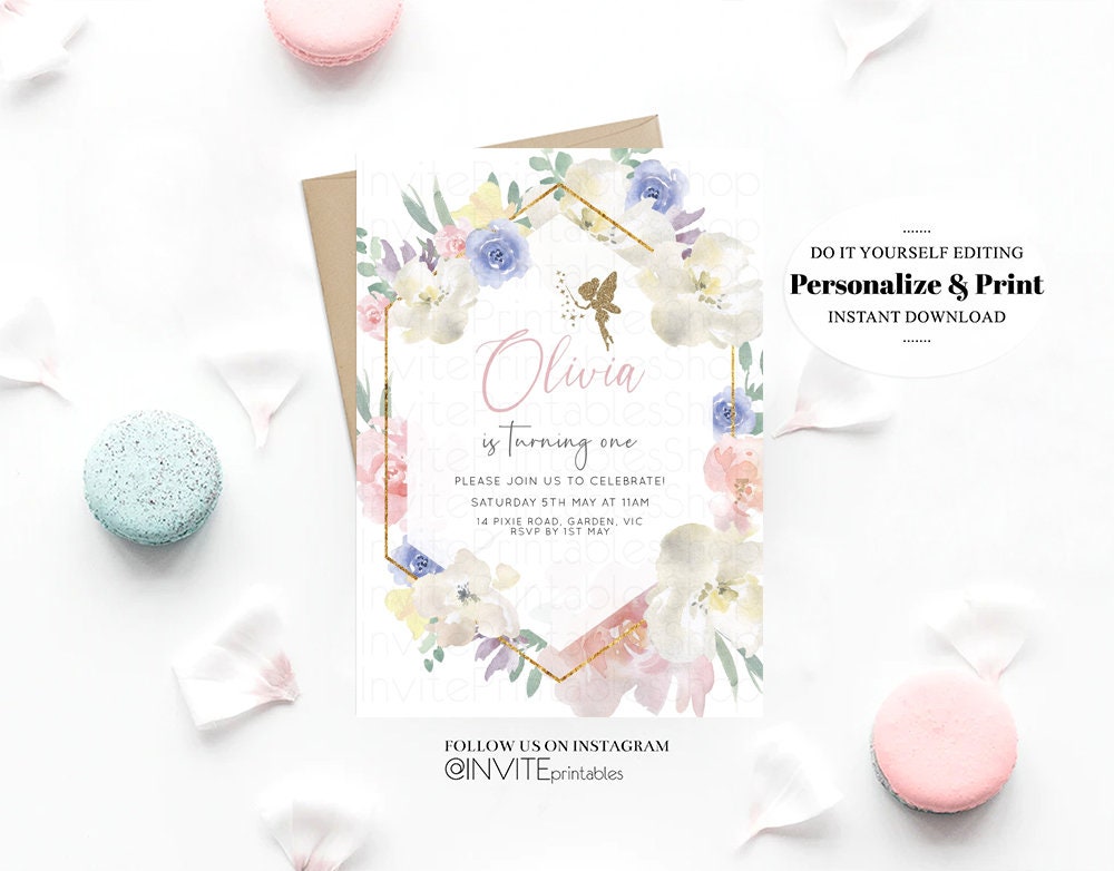 Fairy Birthday Invitation Enchanted Garden Fairytale Watercolor Glitter Floral Pastel Pink Blue Yellow Flowers Template