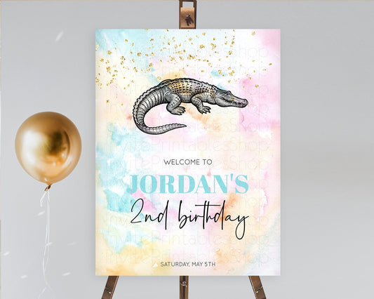 Pastel Crocodile Welcome Sign Pastel Alligator Welcome Board Safari Colorful Watercolor Rainbow First Birthday Welcome Sign D10285