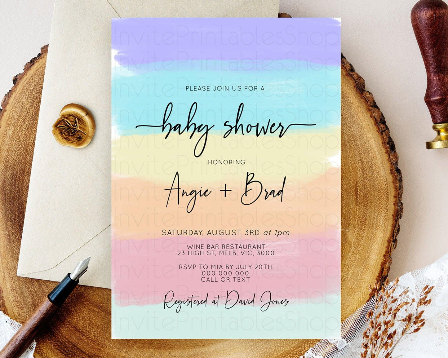 Pastel Baby Shower Invitation Rainbow Baby Shower Invitation Colorful Pastel Watercolor Invitation Gold Glitter Sprinkles Ombre D10510