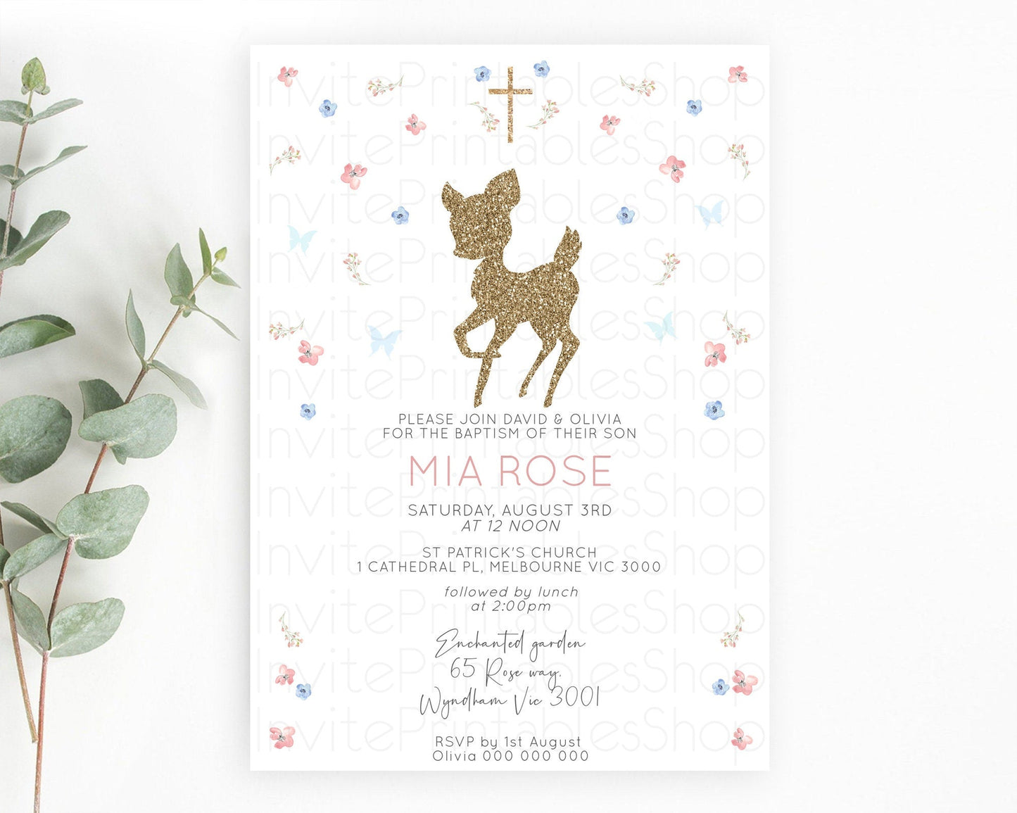 Fawn Baptism Invitation Deer Baptism 1st Birthday Invitation Enchanted Forest Christening Invitation Pastel Garden Butterfly Floral D10359